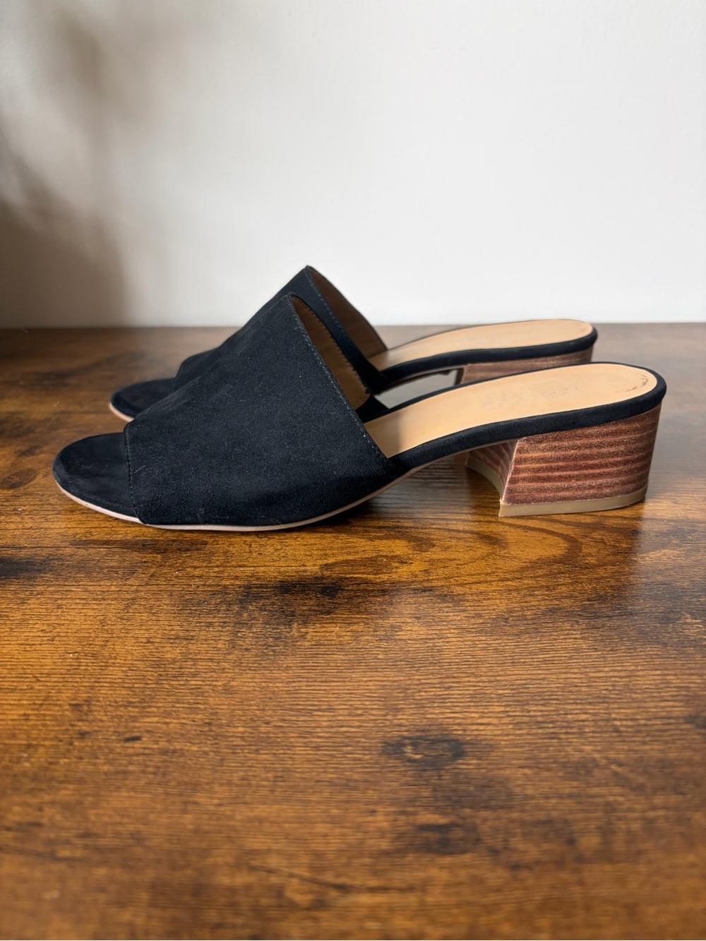 Franco Sarto Black Suede Open-Toe Low Block Heel Mules